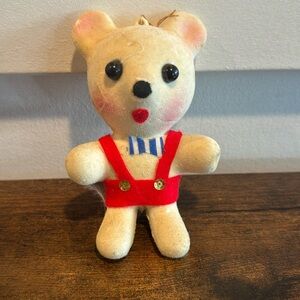 VINTAGE CHRISTMAS BEAR WITH OVERALLS AND TIE PLASTIC FLOCKED HANGING ORNAMENT